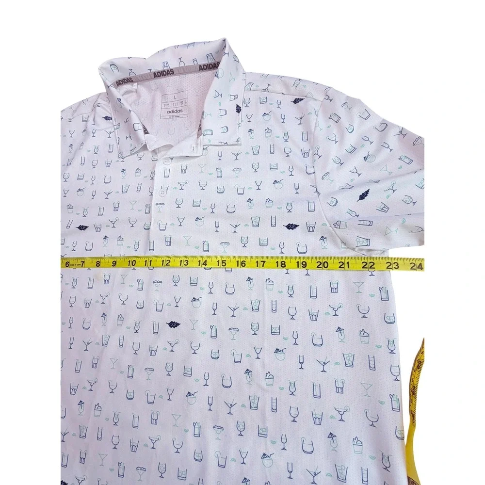 Adidas Golf Mens Large White Cocktail Drink Print Performance Polo Shirt Vaca